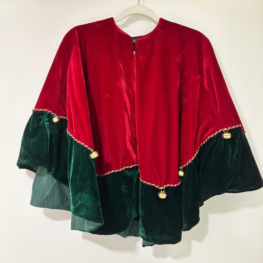 Vintage Christmas Velvet Cape Red Green Jingle Bells Mrs Claus Caroler Wrap